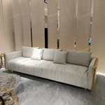 Artistic Luxury Living Room Sofa Set with Hand-Hammered Gold Stainless Steel Frame & Pleated Velvet Upholstery
